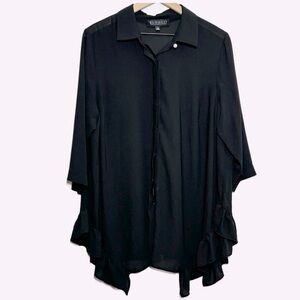 Eloquii Black ruffle trim tunic length pearl button blouse top sz 18
